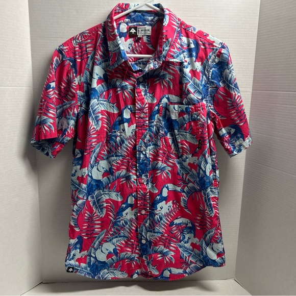 LRG Lifted Research Group Button Down Mens Medium Blue Red Tropical Short Sleeve - Picture 1 of 4